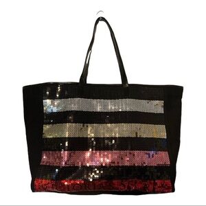 Victoria's Secret Sequin Stripe Tote Bag Black Silver Gold Pink Red Large Shoppe